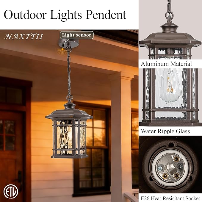 Waterproof Outdoor Hanging Lantern Light 13.8 Inch Large Outdoor Pendant Light with Adjustable Chain Dusk to Dawn Aluminum Hanging Porch Light with Water Ripple Glass E26 Socket