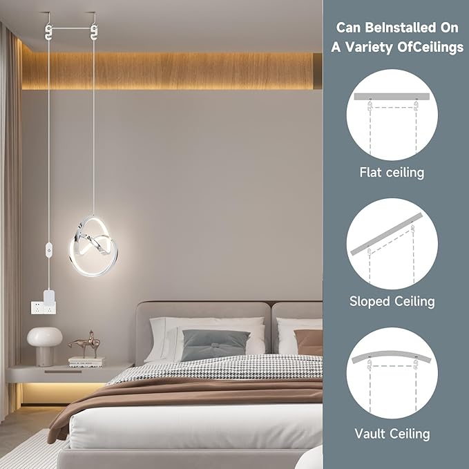 Modern LED Pendant Light Fixtures Pendant Lights Kitchen Island Lighting Adjustable Height Chrome Hanging Lamp for Dining Room Bedroom Living Room (1 Pack)
