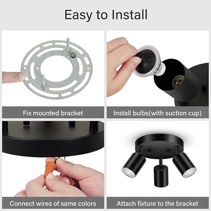 BoostArea LED 3 Light Track Lighting Kit, LED Track Lighting Fixtures, Black Round Ceiling Spot Lighting, Flexibly Rotatable Light Head for Kitchen, Living Room, Bedroom, GU10 Bulb Not Included