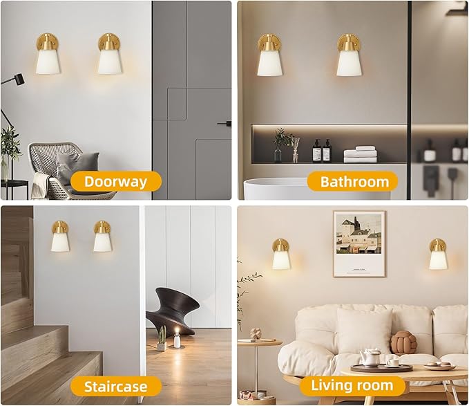 Wall Light Fixtures, 2-Pack Brushed Gold Vanity Lights with Milk Glass Shade, Modern Farmhouse Wall Sconces for Gallery, Mirror, Bedroom, and Bathroom,1 Light