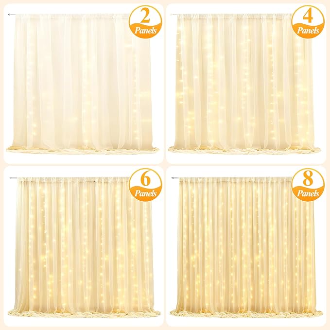 Ledido 2 Pack 10×10ft White Tulle Backdrop Curtains with Lights String - 600LED Fairy Lights Sheer Curtain Backdrop for Wedding Baby Shower Photo Shoot Birthday Party Decoration(4 Panels 5×10ft)，White