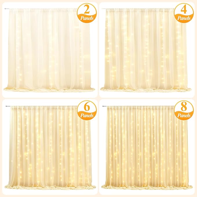 Ledido 4 Pack 10×8ft Champagne Tulle Backdrop Curtain with Lights String - 1200LED Fairy Light Sheer Curtain Backdrop for Wedding Baby Shower Photo Shoot Birthday Party Decor(8 Panels 5×8ft)，Champagne