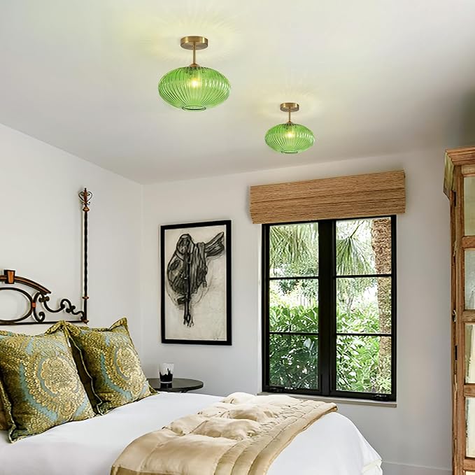 BOKT Modern Ceiling Light Green Glass Pendant Light Stairway Mid Century Close to Ceiling Light Gold Semi Flush Mount Ceilings Light Fixture for Island Kitchen Dining Room Hallway 9.8"