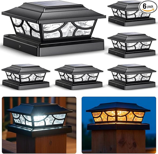 SIEDiNLAR Solar Post Lights Outdoor 4 Modes Deck Fence Post Cap Light for 4x4 5x5 6x6 Vinyl Wooden Posts Patio Garden Decor, Warm White & Cool White Dynamic Lighting Black (6 Pack)