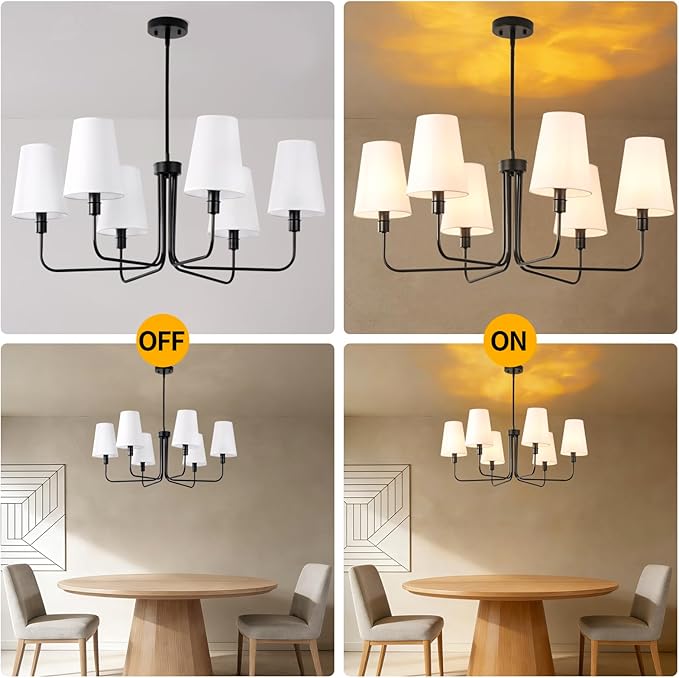 Modern Farmhouse Chandelier Black 6-Light 35.4" Mid Century Dining Room Light with Linen Fabric Shade Adjustable Hanging Ceiling Pendant Light for Kitchen Island Dining Table Bedroom, E12