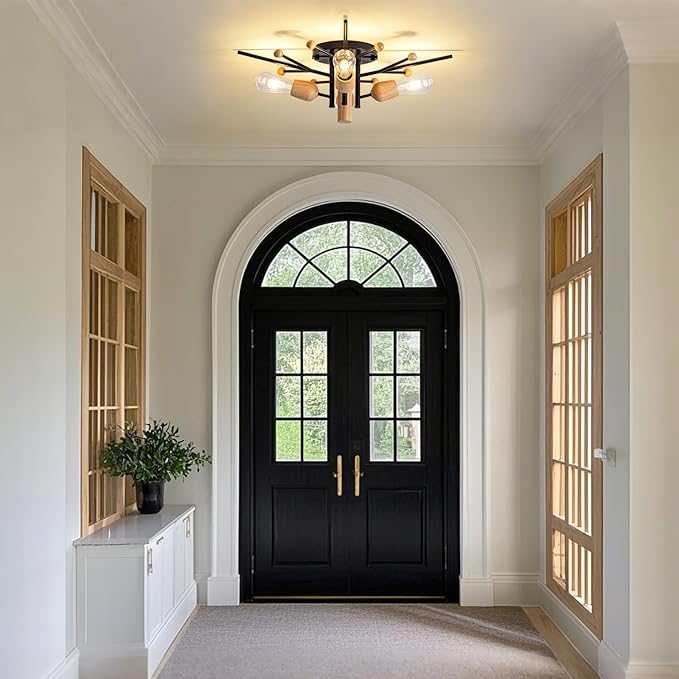 4 Light Sputnik Light Fixture Black Flush Mount Lights Industrial Ceiling Light Wood 25.24" Modern Farmhouse Ceiling Lights for Kitchen Bedroom Bathroom Foyer Hallway(E26)