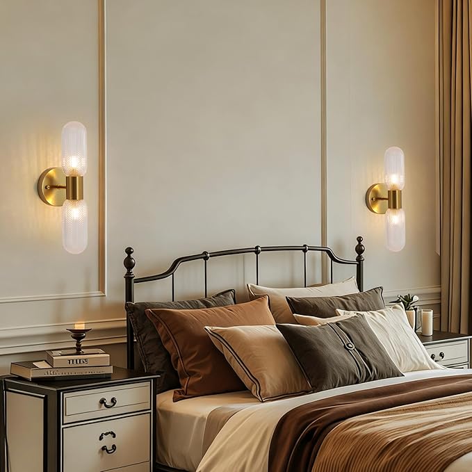 Modern Gold Wall Sconces, 2-Light Hardwired Brass Vanity Light Fixture with Glass Shade, Wall Lighting for Living Room Bedroom Bathroom Hallway, 2 G9 LED Bulbs Included