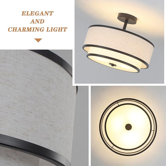 BUXVRCS Semi Flush Mount Ceiling Light Fixture, Modern Light Fixtures Ceiling Mount with Fabric Shade, 3-Light Double Drum Lighting Fixtures Close to Ceiling Light for Bedroom (Black)