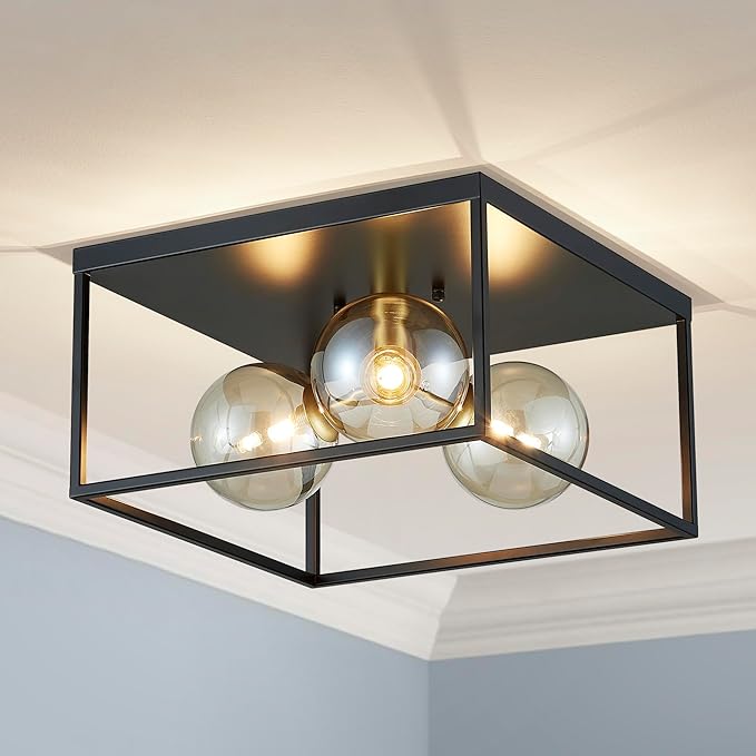 AGV LIGHTING Flush Mount Ceiling Light Fixture Black and Brass Gold with Amber Glass Bubble Shades 3-Light Industrial Modern Ceiling Lamp for Bedroom Kitchen Living Room Dining Room