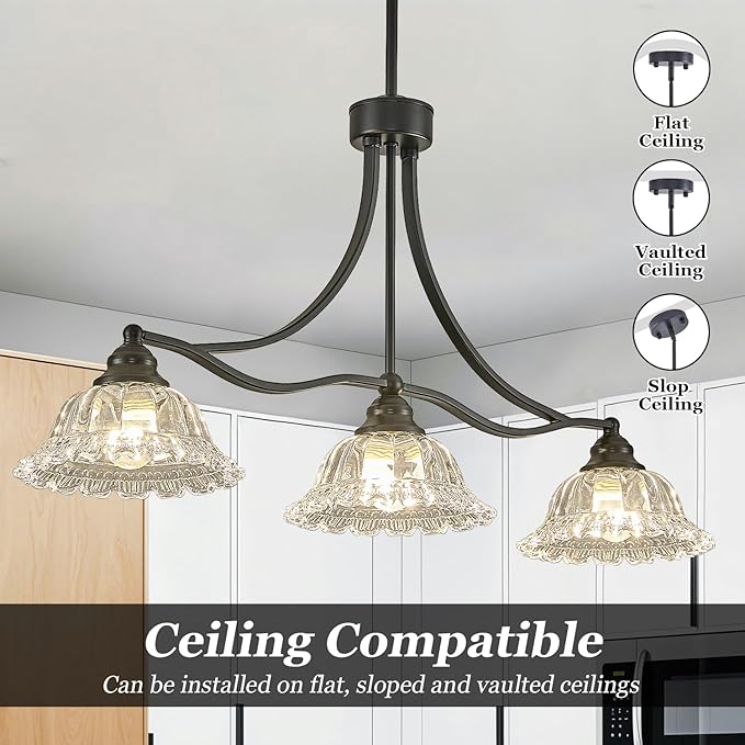 3-Light Vintage Pendant Light Fixtures for Dining Room,Black Kitchen Island Hanging Light with Flower Lampshade, Adjustable Height Ceiling Island Lamp for Kitchen Table Hallway