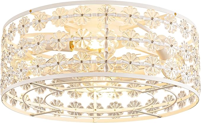 White Caged Ceiling Fan with Light and Remote, Modern Romantic Flower Crystal Ceiling Fans with Lights, Flush Mount Low Profile Fandelier, 6-Speed Reversible for Bedroom,Dining Room,Girls Room,Nursery