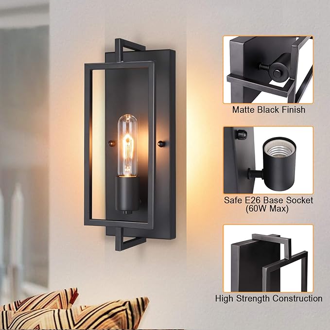 Maylaywood Industrial Wall Sconces Set of 2, Vintage Light Fixture, E26 Base, Matte Black Metal Wall Mount Lamp, Modern Indoor Lighting Hardwired