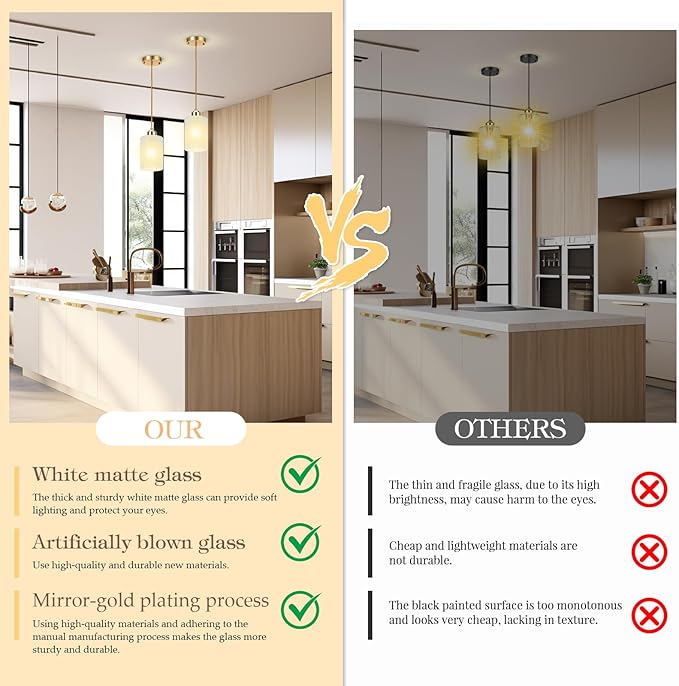 3 Pack Pendant Lights Kitchen Island, Gold Pendant Light Over Island, Modern Glass Island Lights for Kitchen,Adjustable Length, Perfect for Dining Room and Home Decor