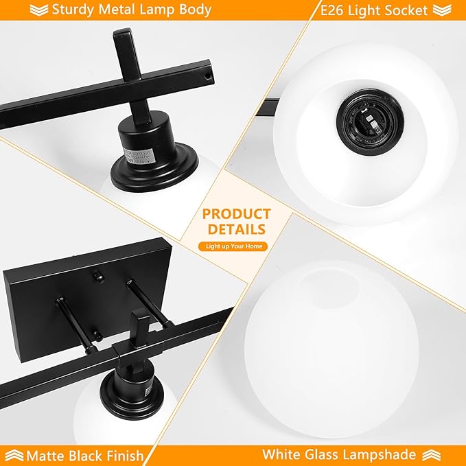 Dpyrrhic 4-Light Modern Vanity Lighting Fixtures, Bathroom Wall Mounted Vanity Light,Black Bathroom Lighting Fixtures Over Mirror with Milky White Glass Lampshade for Bedroom, Living Room