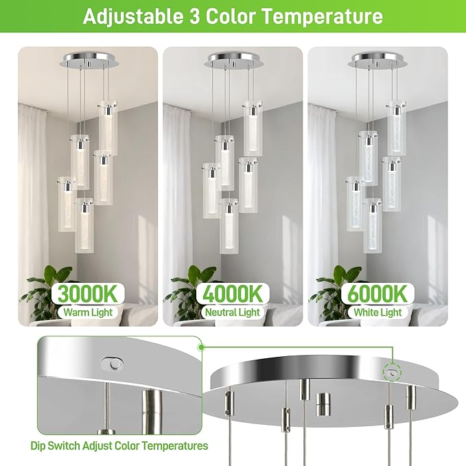 hykolity 5-Light Bubble Glass Pendant Light, 3CCT Dimmable LED Chandelier, Polished Nickel Modern Hanging Ceiling Light for Kitchen Island, Dining Room, Bedroom, ETL Listed