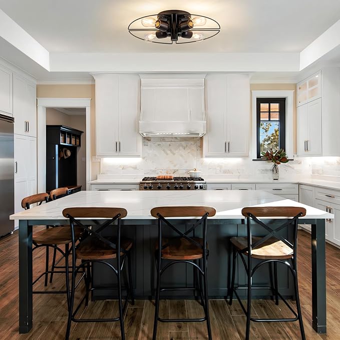 4 Light Sputnik Light Fixture Black Flush Mount Lights Industrial Ceiling Light Wood 21" Modern Farmhouse Ceiling Lights for Kitchen Bedroom Bathroom Foyer Hallway(E26)