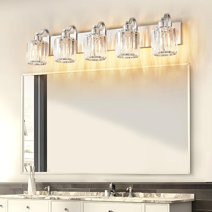 Modern Crystal Bathroom Vanity Light 5 Light Brushed Nickel Vanity Lighting Over Mirror Bathroom Wall Lighting Fixtures with Round Shade (Exclude Bulb)