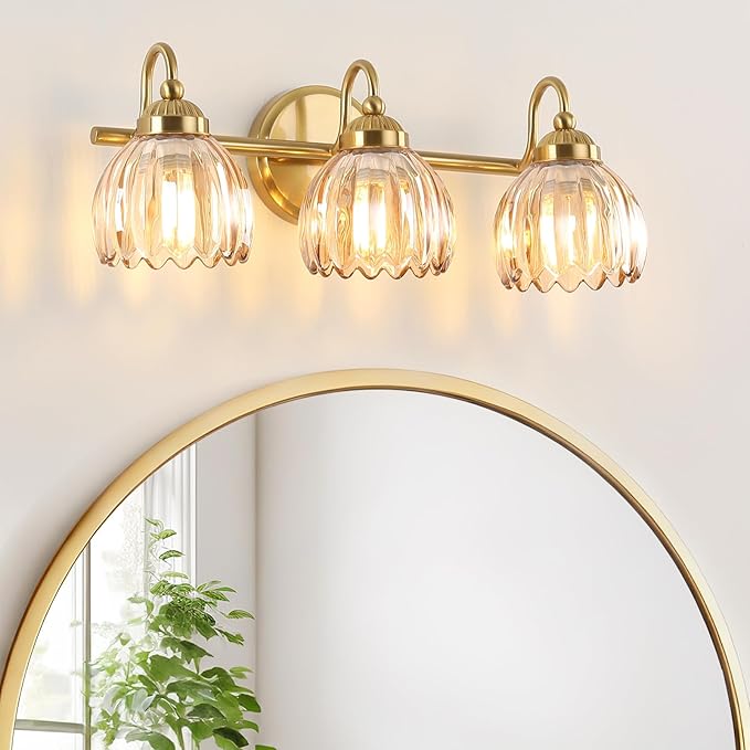 Vintage Bathroom Light Fixtures, Brass Vanity Lights with Amber Tulip Glass Shade, Vanity Sconces for Bathroom Bedroom Living Room Hallway, 3-Light