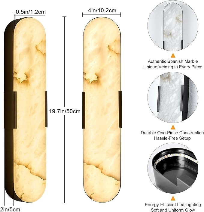2 Pack Alabaster Wall Sconces 20" Spanish Natural Marble Wall Lights, Indoor Black Mid Century Marble Wall Lighting Bathroom Alabaster Wall Lamps for Bedroom Living Room Stairway Cafe