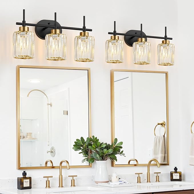 Modern Crystal Bathroom Vanity Light, 3-Light Black & Gold Vanity Lighting Fixture with Clear K9 Crystal Shades, Adjustable Up/Down Installation, E26 Base (Bulbs Not Included)