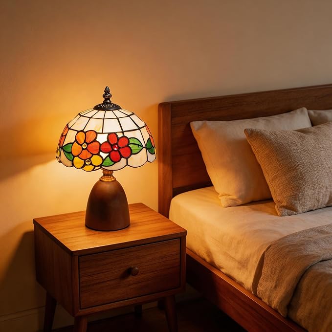 12.2" Tiffany Style Lamp, Handcrafted Stained Glass Sunflower Table Lamp with Spherical Solid Wood Base, 3-Color Dimmable Bedside Lamp for Nightstand & Bedroom, Vintage Aesthetic Accent Light