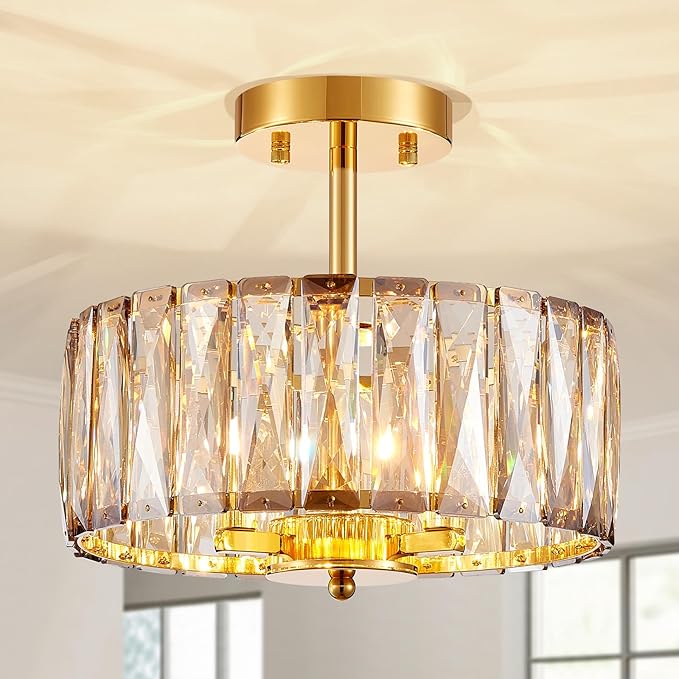 Crystal Ceiling Light, 3-Light Modern Semi-Flushmount Ceiling Light for Living Room, Dinning Room Hallway, D12xH9inch, Gold Finish Frame & Champagne K9 Crystal