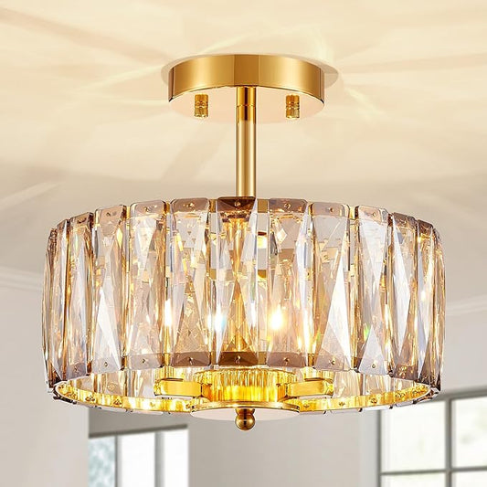 Crystal Ceiling Light, 3-Light Modern Semi-Flushmount Ceiling Light for Living Room, Dinning Room Hallway, D12xH9inch, Gold Finish Frame & Champagne K9 Crystal