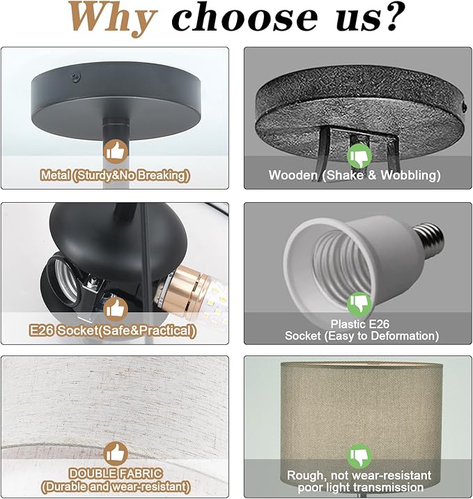 BUXVRCS Semi Flush Mount Ceiling Light Fixture, 3-Light Double Drum Lighting Fixtures with Fabric Shade, 16" Modern Light Fixtures Ceiling Mount Close to Ceiling Light for Bedroom (Black)