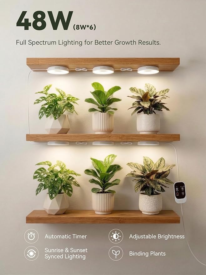 GLOWRIUM Grow Lights for Indoor Plants, Full Spectrum Puck Grow Light with Manual & APP Control, 48W(6 x 8W) Plant Lamp Auto-Timer, Plant Assistant 10 Levels Dimmable for Plant Shelf (6 Packs,White)