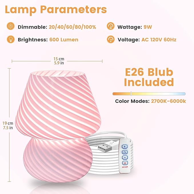 ULAROOM Dorm USB Plug-in Mushroom Lamp Small Bedside Table Lamp with 3 Temperature LED Bulb, Free Dimming Nights Light for Bedroom/Living Room/Entryway/Corner/Table Decor (Stripe Pink)