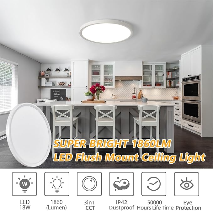 Led Flush Mount Ceiling Light,9 Inch 18w 1860lm,3000k/4000k/6000k 3CCT Selectable, Round Modern Flat Panel Super Slim Led Ceiling Light,for Living Dining Kitchen Bedroom Room (6Pack-White)