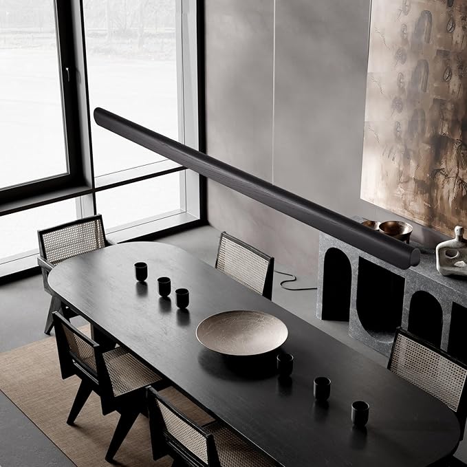 YISDESIGN 47inch Wood LED Linear Pendant Light, Dimmable Wood Ceiling Lamp,Minimalist Linear Chandelier, 36W Warm Light 3000K, Modern Kitchen Island Dining Room Lighting Black Adjustable Height