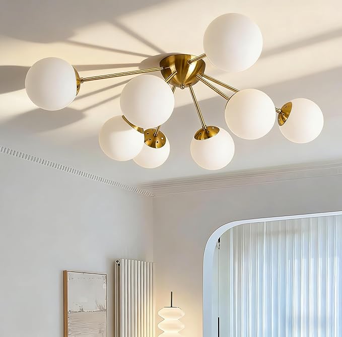 8 Light Mid Century Modern Ceiling Light Semi Flush Mount Ceiling Light Fixture Globe Lights Sputnik Chandelier with Milk Glass Shade Brushed Brass Finish for Bedroom Hallway Living Room