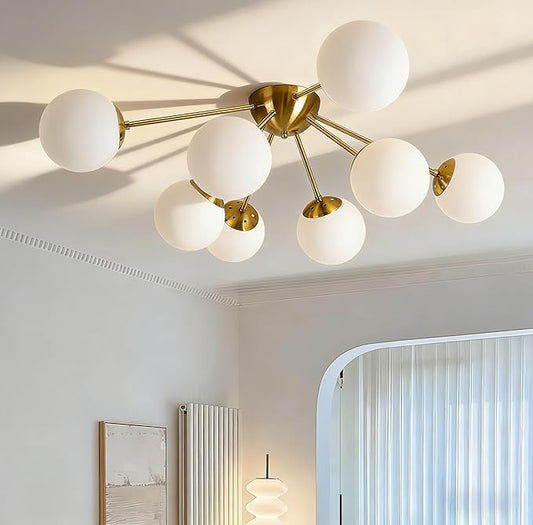 8 Light Mid Century Modern Ceiling Light Semi Flush Mount Ceiling Light Fixture Globe Lights Sputnik Chandelier with Milk Glass Shade Brushed Brass Finish for Bedroom Hallway Living Room