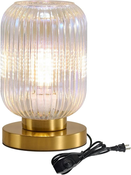 Dimmable Colorful Glass Table Lamp: Mid Century Modern Nightstand Light With Stained Shade - Small Decorative Brass Desk Lamp - Ribbed Glass Bedside Tables Lamps for Bedroom Living Room Bulb Excluded