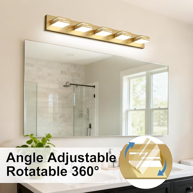LED Modern Bathroom Vanity Light Fixtures, 5-Light 34-inch Dimmable Gold Vanity Lights for Bathroom Lighting Fixtures Over Mirror, with 360° Rotatable Heads (Cool White 6000K)