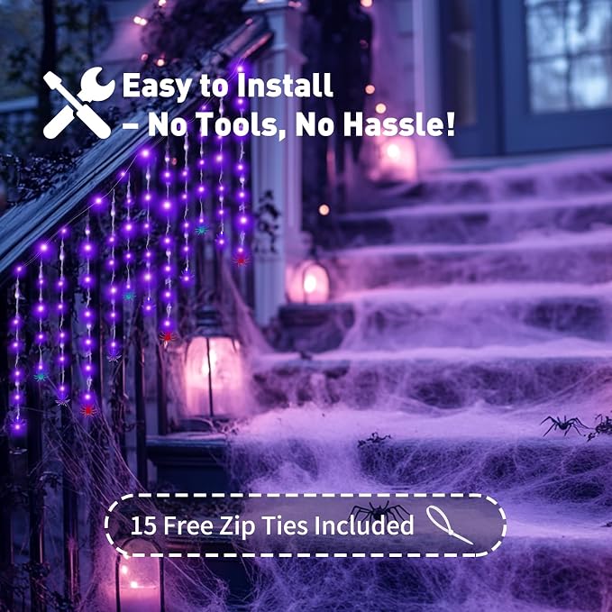 Halloween Spider Curtain String Lights, 7.2Ft Halloween Decorations Outdoor Indoor with 12 Multicolor Spiders and 60 Purple LED Bulbs Fairy Lights for Window Porch Garden Party Décor, Solar Powered