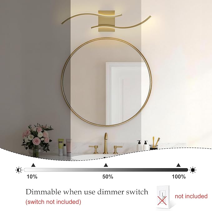 KARTOOSH 1 Pack Gold Light Fixture Hardwired Bathroom Vanity Lights Fixtures Over Mirror 23.6 Inch 3CCT Dimmable Modern Wall Lights for Mirror Kitchen Living Room Cabinet Porch Hallway