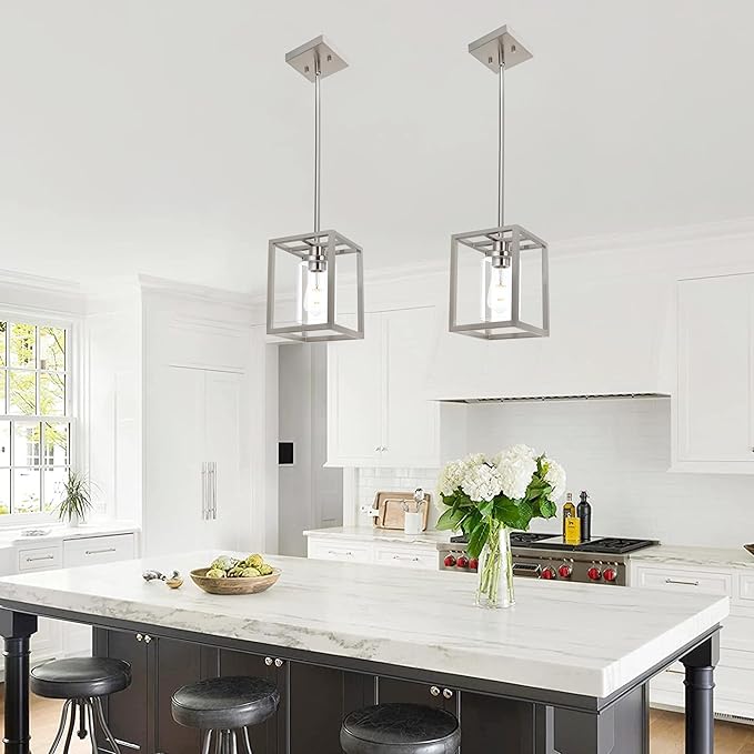 MELUCEE 2 Pack Modern Pendant Light Fixtures for Kitchen Island Brushed Nickel Dining Table Light Bathroom Ceiling Light, 1-Light Small Chandeliers with Clear Glass Shade