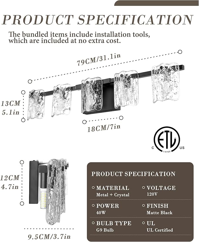 5-Light Bathroom Vanity Light, 31" Matte Black Bathroom Light Fixture Over Mirror with Clear Glass, Modern Bath Wall Sconce Lighting, View Bundled for Installation Tools, OS-MM5002-5BK