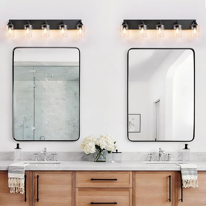 Black Bathroom Light Fixture, 5 Light Matte Black Vanity Light, 35.4" Modern Bathroom Lighting Fixtures Over Mirror, with Clear Glass Shade, Vanity Lights for Bathroom Bedroom Hallway