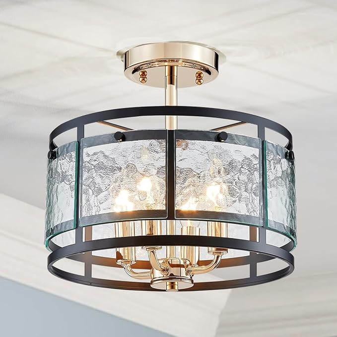 AGV LIGHTING Ceiling Light Fixture, Semi Flush Ceiling Light, 4-Lights, Hazy GlassMatte Black & Shine Gold Finish, D12 x H8 inch