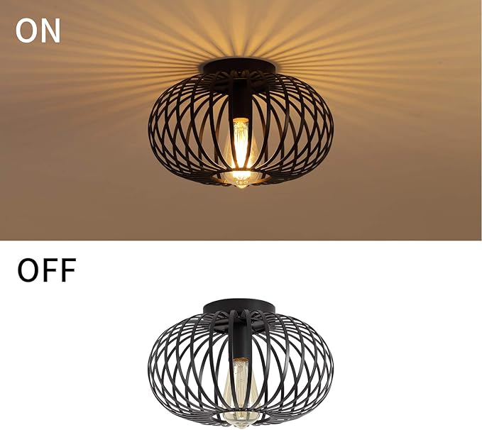 Fivess Lighting Modern Black Flush Mount Light Fixture Industrial Metal Cage Semi Flush Mount Ceiling Light for Hallway Living Room Kitchen Entryway Farmhouse
