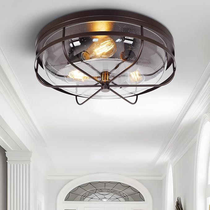 16 Inch Light Fixtures Ceiling Mount, Close to Ceiling Light with Seeded Glass, Outdoor Indoor Flush Mount Ceiling Light for Bedroom Living Room Kitchen Porch Hall Patio, ROS91AL-ORB