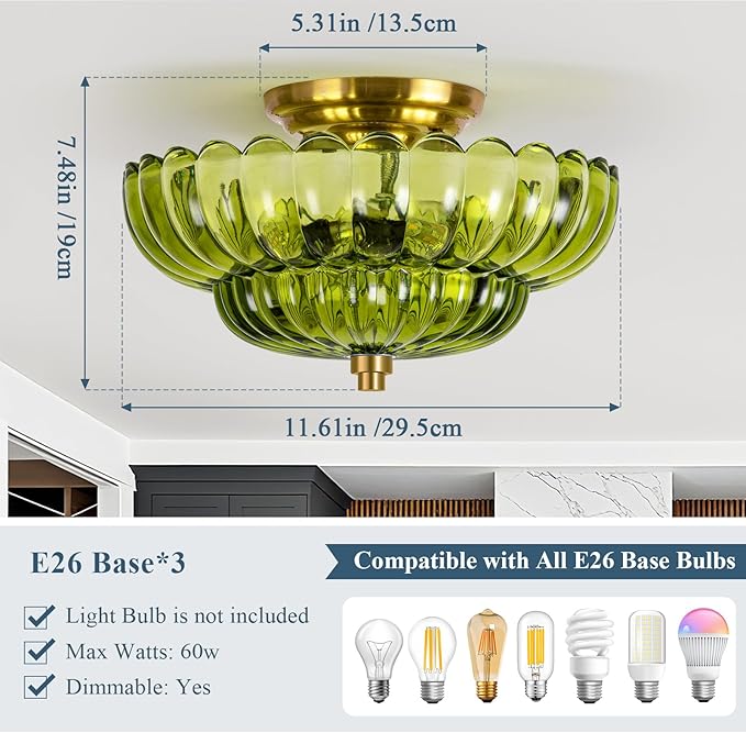 Semi Flush Mount Ceiling Light, Modern Gold Ceiling Light with Green Glass,3 Lights Close to Ceiling Light Fixtures for Bedroom, Dining Room, Kitchen, Living Room, Entryway, Hallway