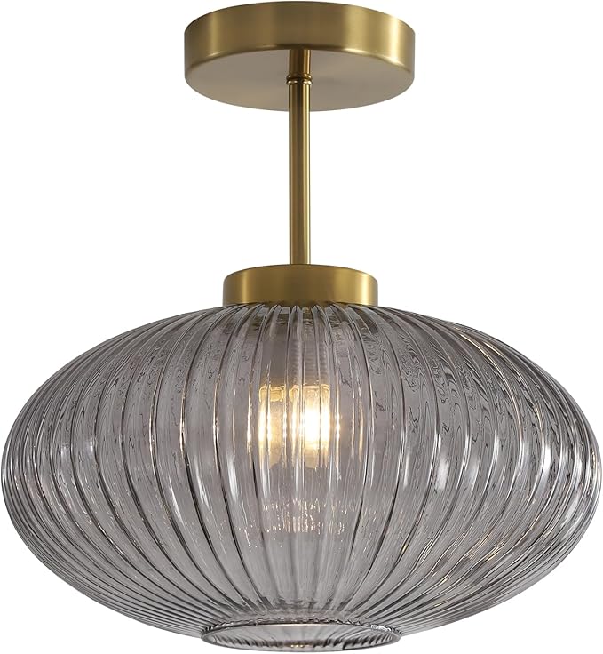 KCO Lighting 1-Light Smoke Glass Semi Flush Mount Ceiling Light Mid Century Bathroom Ceiling Light Fixture Antique Brass Flush Mount Ceiling Light Modern Grey Globe Light