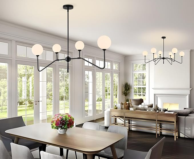 Black Linear Kitchen Light Fixture, 4-Light Globe Glass Pendant Light with Matte Black Metal Frame & Milk White Glass Shades, Adjustable Height Chandelier for Dining Room Kitchen Island