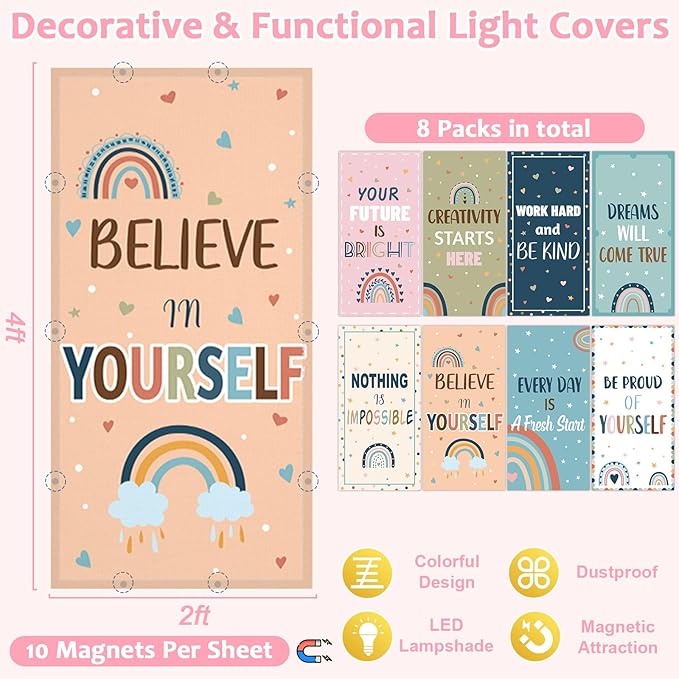 QOUBAI 8 Pcs Fluorescent Light Covers,4 x 2 Ft Magnetic Light Filters Fluorescent Lights Shade Easy Install for Classroom Office Library Hospital Home Ceiling Boho Rainbow