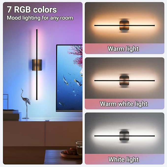 31.5 inch Battery Operated Wall Sconce Set Of 2, 10000mAh Rechargeable Wall Light With Remote Control, RGB Dimmable Wireless Sconces Wall Decor For Bedroom Living room Hallway, 360°Rotate, Black