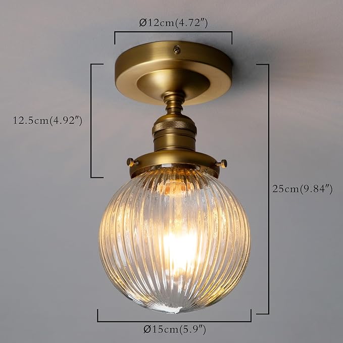 PERMO Simi Flush Mount Ceiling Light with Globe Ribbed Glass Lampshade 1- Light Flush Mount Ceiling Light for Hallway, Brass Finish (Antique Gold)